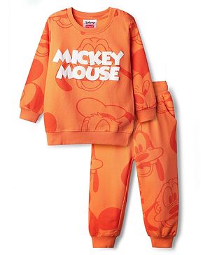 Babyhug Disney 100% Cotton Knit Full Sleeves Sweatshirt & Jogger Set With Mickey Mouse Print - Orange