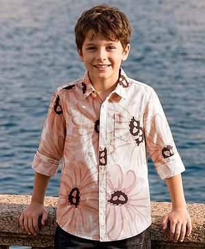 Pine Kids Cotton Woven Full Sleeves Shirt with Floral Print - Tan