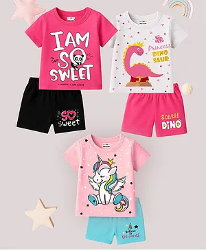 KUCHIPOO Cotton Knit Pack Of 3 Half
                              Sleeves Unicorn & Typography Printed
                              Tees & Shorts Set - Pink Black White
                              Blue