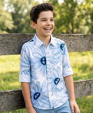 Pine Kids Cotton Woven Full Sleeves Shirt with Floral Print - Blue