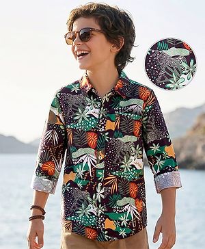 Pine Kids Cotton Woven Full Sleeves Shirt with Jungle Safari Print - Multicolor