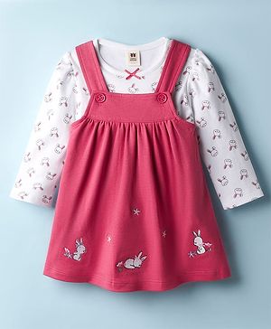 ToffyHouse Corduroy Knit Full Sleeves Bunny Embroidered Frock With Inner Tee - Dark Pink