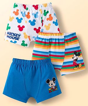 Babyhug Disney Single Jersey Knit Trunks with Mickey Mouse Graphics Pack of 3 - White & Blue