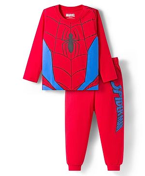Babyhug Marvel Single Jersey Knit Full Sleeves Night Suit with Spider-Man Graphic - Red