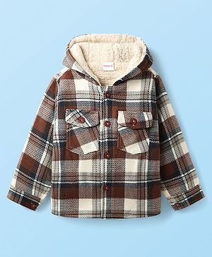 Babyhug Full Sleeves Hooded Checkered Winter Jacket with Front Pocket Detailing -Multicolor