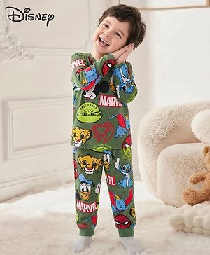 Babyhug Disney Single Jersey Knit Full Sleeves Co-ord Night Suit With Disney Character Print - Olive Green