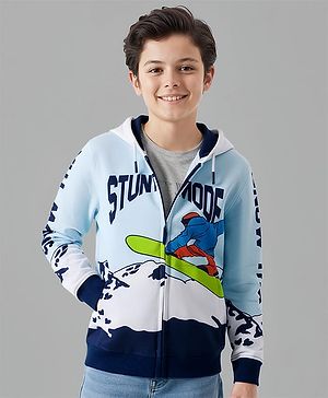 Pine Kids Cotton Knit Full Sleeves Hooded SweatJacket with Surfing Print - Light Blue