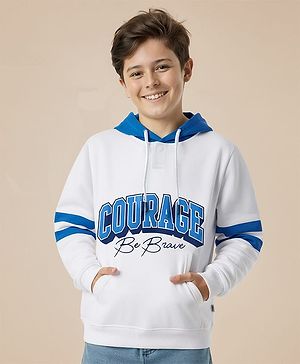 Pine Kids Cotton Knit Full Sleeves Hooded Sweatshirt With Text Print - White