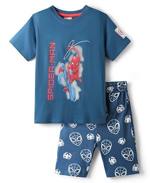 Pine Kids Marvel Single Jersey Knit Half Sleeves Shorts Night Suit with Spider Man Graphics - Navy Blue