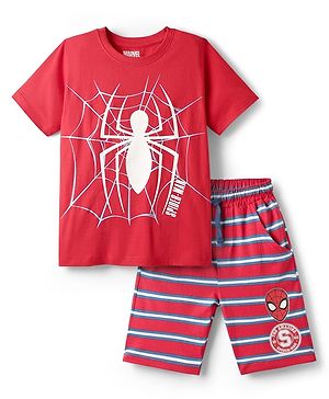 Pine Kids Marvel 100% Cotton Half Sleeves Shorts Night Suit With Spider Man Graphics - Red