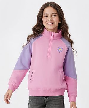 Pine Kids Cotton Knit Full Raglan Sleeves Sweatshirt With Floral Embroidery - Pink