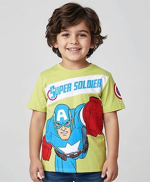 Pine Kids Marvel Single Jersey Knit Half Sleeves Cut & Sew T-Shirt With Captain America Graphics - Green