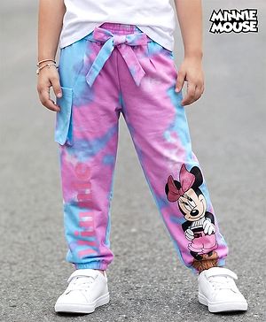 Pine Kids Disney Terry Knit Full Length Track Pant with Fabric Belt Minnie Mouse Graphic & Tie and Dye Detailing - Pink & Light Blue