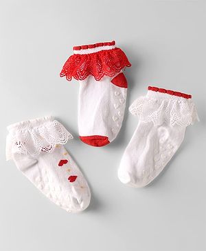Cute Walk by Babyhug Knit Anti Bacterial Ankle Length Anti Skid Frill Socks Pack of 3 - White & Red