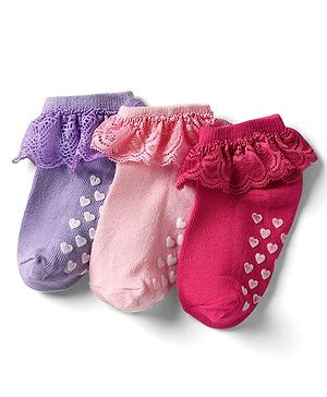 Cute Walk By Babyhug Cotton Knit Anti Bacterial Ankle Length Socks With Lace Detailing & Heart Design Pack Of 3 - Multi Colour