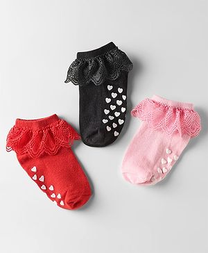 Cute Walk by Babyhug Knit Anti-Bacterial Ankle Length Socks with Frill Design Pack of 3 - Black Red & Pink