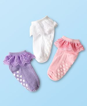 Cute Walk By Babyhug Knit Ankle Length Anti Bacterial Anti Skid Frill Socks Pack of 3 - Pink Purple & White