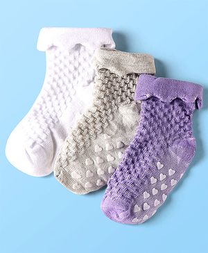 Cute Walk by Babyhug Knit Ankle Length Anti Skid Anti Bacterial Socks with Cable Knit Design Pack of 3 - Purple Grey & White