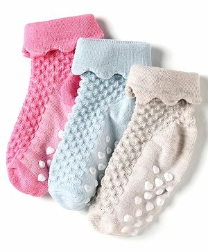 Cute Walk by Babyhug Knit Ankle Length Anti Skid Anti Bacterial Socks with Cable Knit Design Pack of 3 - Pink Light Blue & Grey