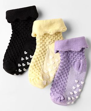 Cute Walk by Babyhug Anti Bacterial Ankle Length Anti Skid Socks With Heart Design Pack of 3 - Yellow Purple & Black