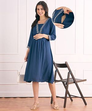 Bella Mama Viscose Woven Three Fourth Sleeves Maternity Dress with Floral Embroidery on Neck- Navy Blue