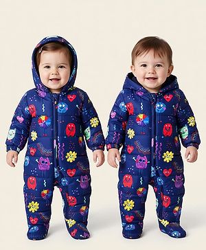 Babyhug Knit Full Sleeves Hooded & Footed Quilted Romper With Fleece Inner Lining & Heart Print - Navy Blue