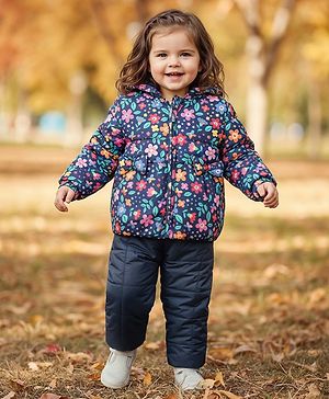 Babyhug Full Sleeves Knit Winter Wear Hooded Jacket & Joggers Set with Floral Print - Navy Blue