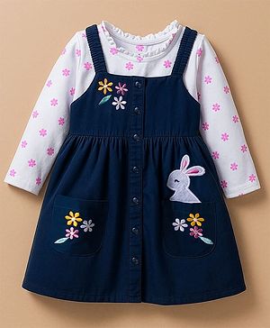 Babyhug Cotton Woven Frock & Full Sleeves Inner Tee With Floral Print & Bunny Embroidery - Blue & White