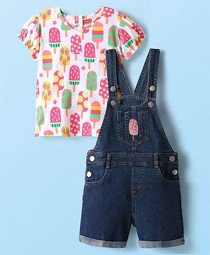 Babyhug Single Jersey Knit Half Sleeves T-Shirt with Dungaree & Ice -Cream Print - Pink & Navy Blue
