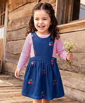 Babyhug Cotton Woven Frock with Full Sleeves Striped Tee & Cherry Embroidery - Navy Blue