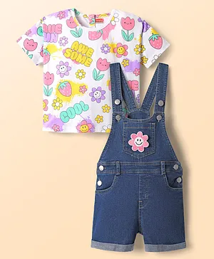 Babyhug Single Jersey Knit Half
                              Sleeves Inner Tee & Denim Dungaree Set
                              with Back Snap Buttons Tropical Theme
                              Print & Floral Embroidery - White