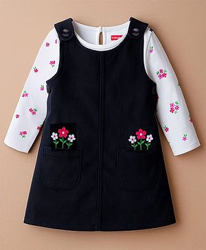 Babyhug Cotton Woven Frock & Full Sleeves Inner Tee With Floral Print & Embroidery - Navy Blue & White