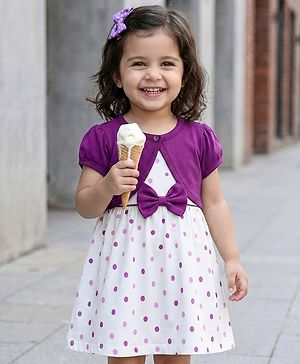 Babyhug Cotton Woven Frock With Half Sleeves  Shrug & Polka Dot & Bow Applique - White