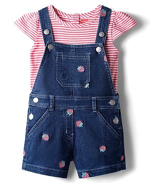 Babyhug Single Jersey Knit Cap Sleeves T-Shirt & Dungaree with Stripes & Fruit Embroidery - Red & Blue