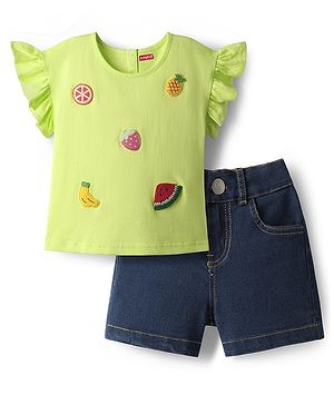 Babyhug Single Jersey Knit Frill Sleeves T-Shirt & Shorts Set With Fruits Embriodery - Light Green & Navy Blue