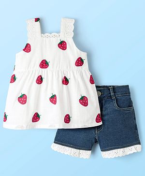 Babyhug Cotton Woven Sleeveless Top & Denim Shorts Set with Strawberry Print - White & Blue