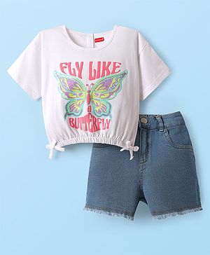 Babyhug Single Jersey Knit Half Sleeves Top & Shorts Set With Text Print - White & Navy Blue