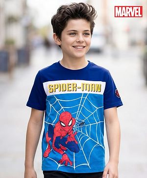 Pine Kids Marvel Single Jersey Knit Half Sleeves Cut & Sew T-Shirt with Spiderman Graphics - Blue