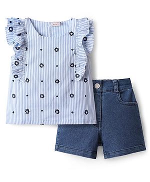 Babyhug Single Jersey Knit Frill Sleeves Top & Shorts Set With Floral Embriodery - Blue