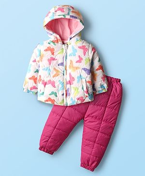 Babyhug Full Sleeves Knit Winter Wear Hooded Jacket & Joggers Set with Butterfly Print - Pink & White