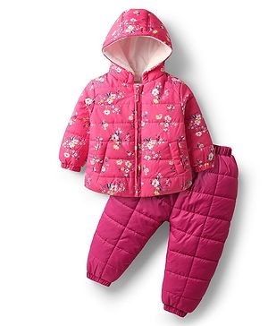 Babyhug Woven Full Sleeves Quilted Polyfill Hooded Heavy Winter Wear Suit Set With Polyfill Quilted Pant with Floral Print - Pink