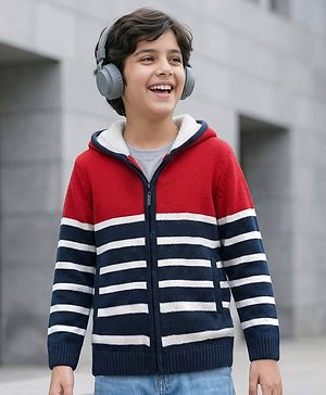 Pine Kids Knit Full Sleeves Hooded Front Open Sweater with Stripes & Pocket - Navy Blue & Red