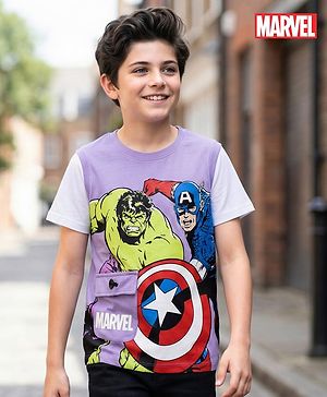 Pine Kids Marvel Single Jersey Knit Half Sleeves Overlapped T-Shirt with Avengers Graphics & Pocket Detailing - Lavender