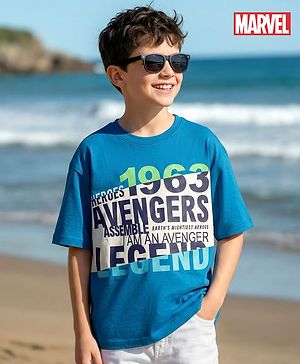 Pine Kids Marvel Single Jersey Knit Drop Shoulder Half Sleeves Oversized T-Shirt with Avengers Graphics - Blue