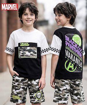 Pine Kids Marvel Single Jersey Knit Half Drop Shoulder Sleeves Oversized T-Shirt & Shorts Set with Front & Back Black Panther Graphics & Pocket Detailing - Multicolor