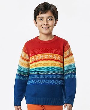 Pine Kids Cotton Knit Full Sleeves Pullover Sweater With Aztec & Colour Block Design - Multicolour