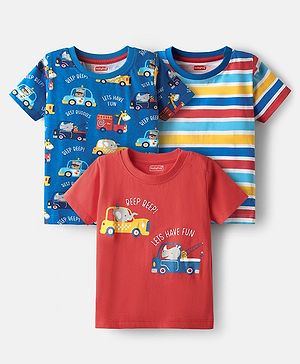 Babyhug 100% Cotton Knit Striped T-Shirts with Vehicle Print Pack of 3 - Red Blue & White