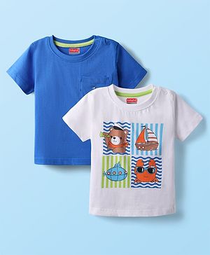 Babyhug 100% Cotton Knit Half Sleeves Animal & Boat Printed T-Shirts Pack of 2 - Blue & White