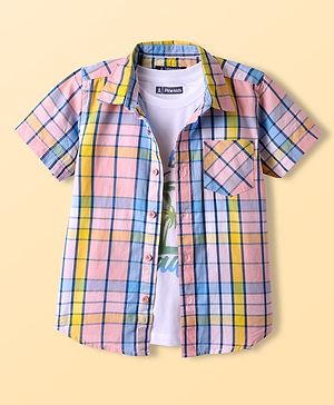 Pine Kids Cotton Woven Half Sleeves Checkered Shirt With T-Shirt - Multicolour