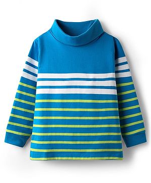 Babyhug Cotton Knit Full Sleeves Winter T-Shirt with Turtle Neck & Stripes - Green & Blue